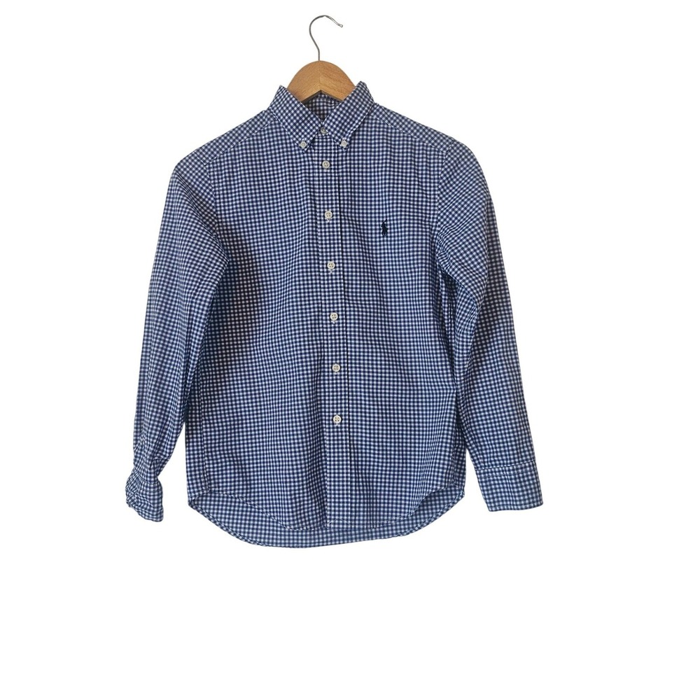 Ralph Lauren Boys M 10-12 Blue White Gingham Natural Stretch Button Down Shirt
